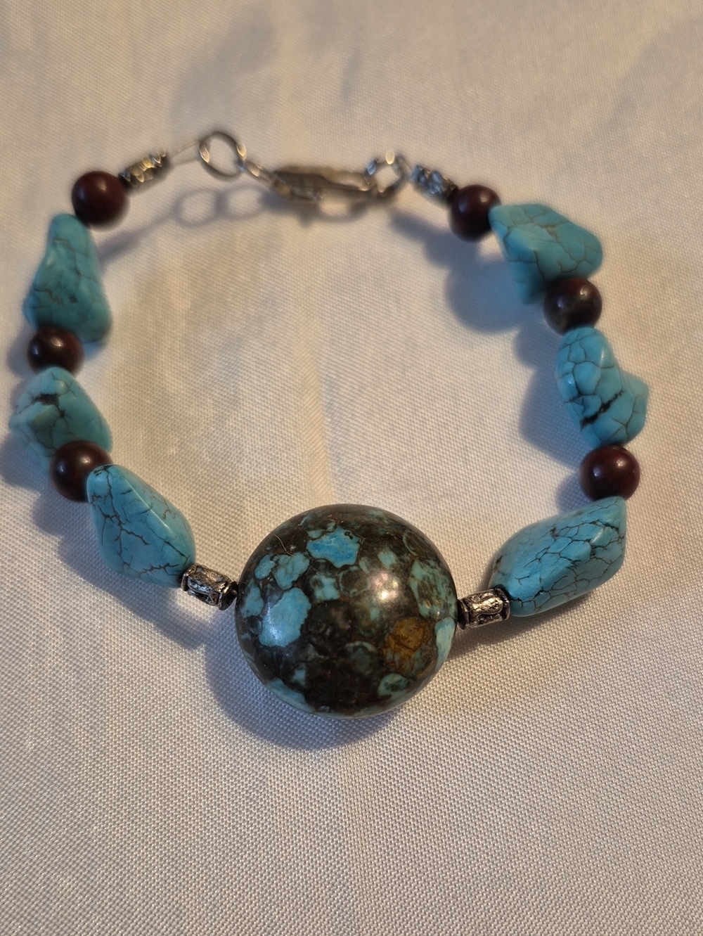 Turquoise and Brown Beaded Women's Bracelet with Polished Stone Center